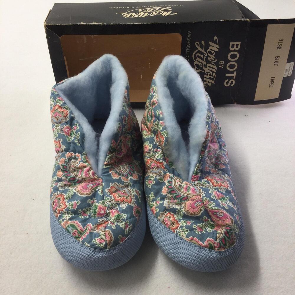 Vintage New York Lites Slipper Booties Womens Size 8.5 Blue Paisley Fleece Lined